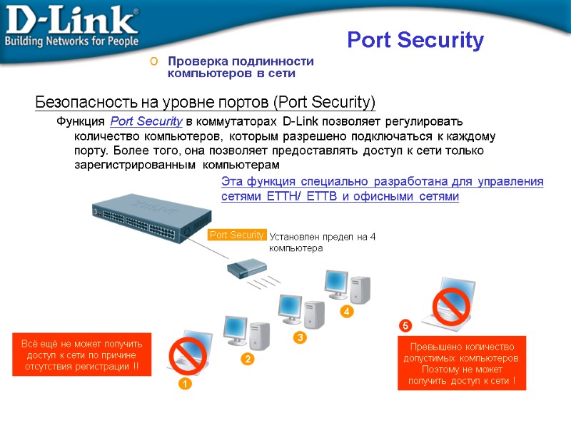 Проверка подлинности компьютеров в сети Функция Port Security в коммутаторах D-Link позволяет регулировать количество